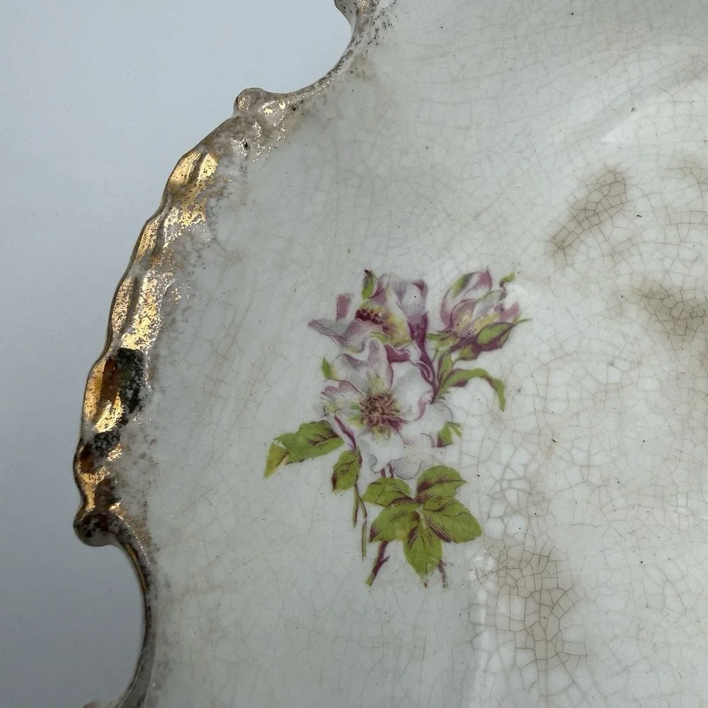 VTG Serving Bowl Floral Roses Transferware‎ *Heavily Stained & Crazed* Decor